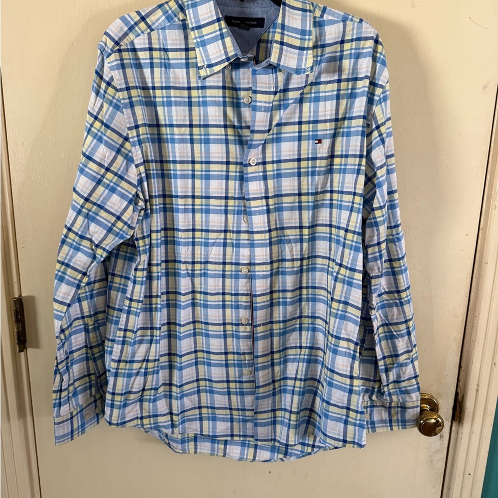 Tommy Hilfiger Blue and Green Plaid Casual Button Down Shirt